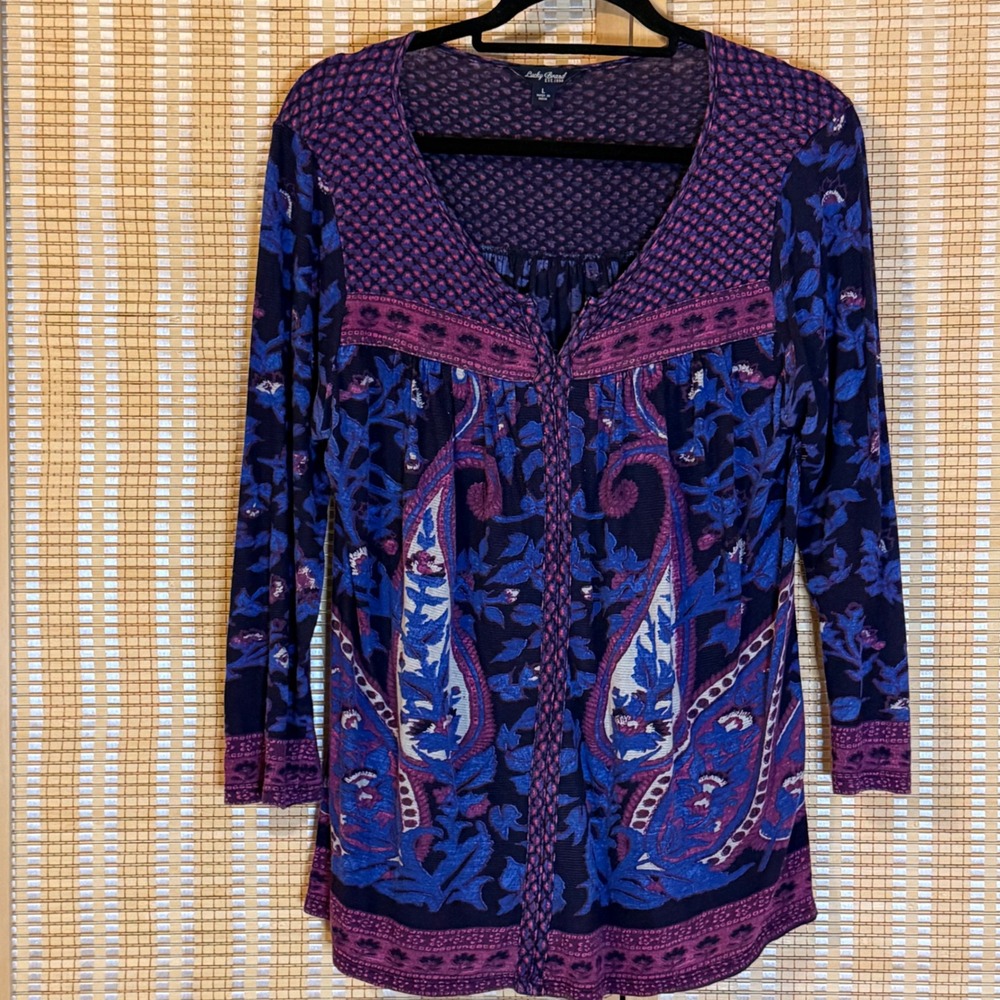 Lucky Brand Womens Purple Blue Paisley Floral Tunic Top Long Sleeve Large Boho